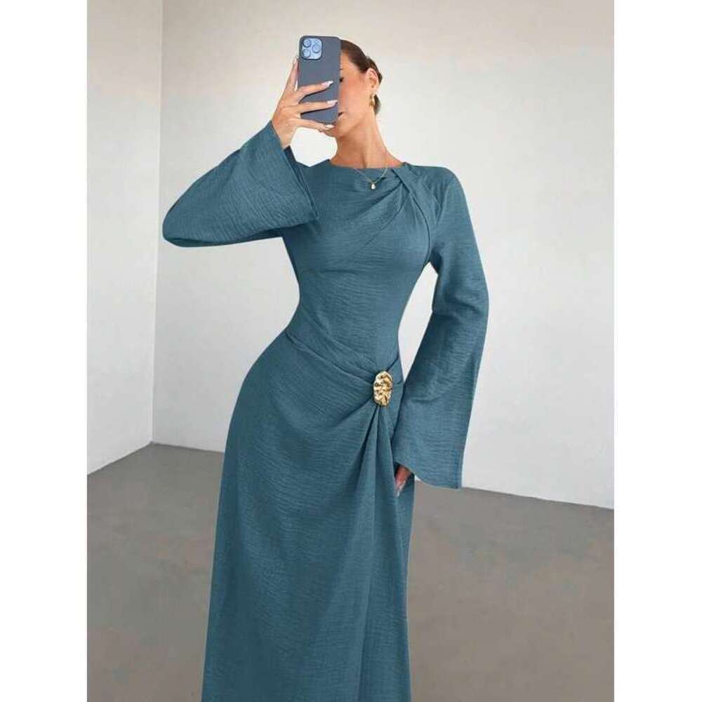 Siren Gaze Dusty Blue Twist Front Metal Buckle Flare Long Sleeve - Picture 5 of 6
